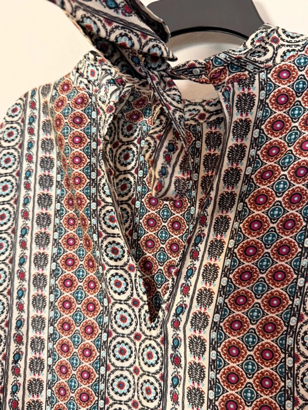 LOFT XL Boho Medallion Print Tie Neck Blouse Long Sleeve Blouse